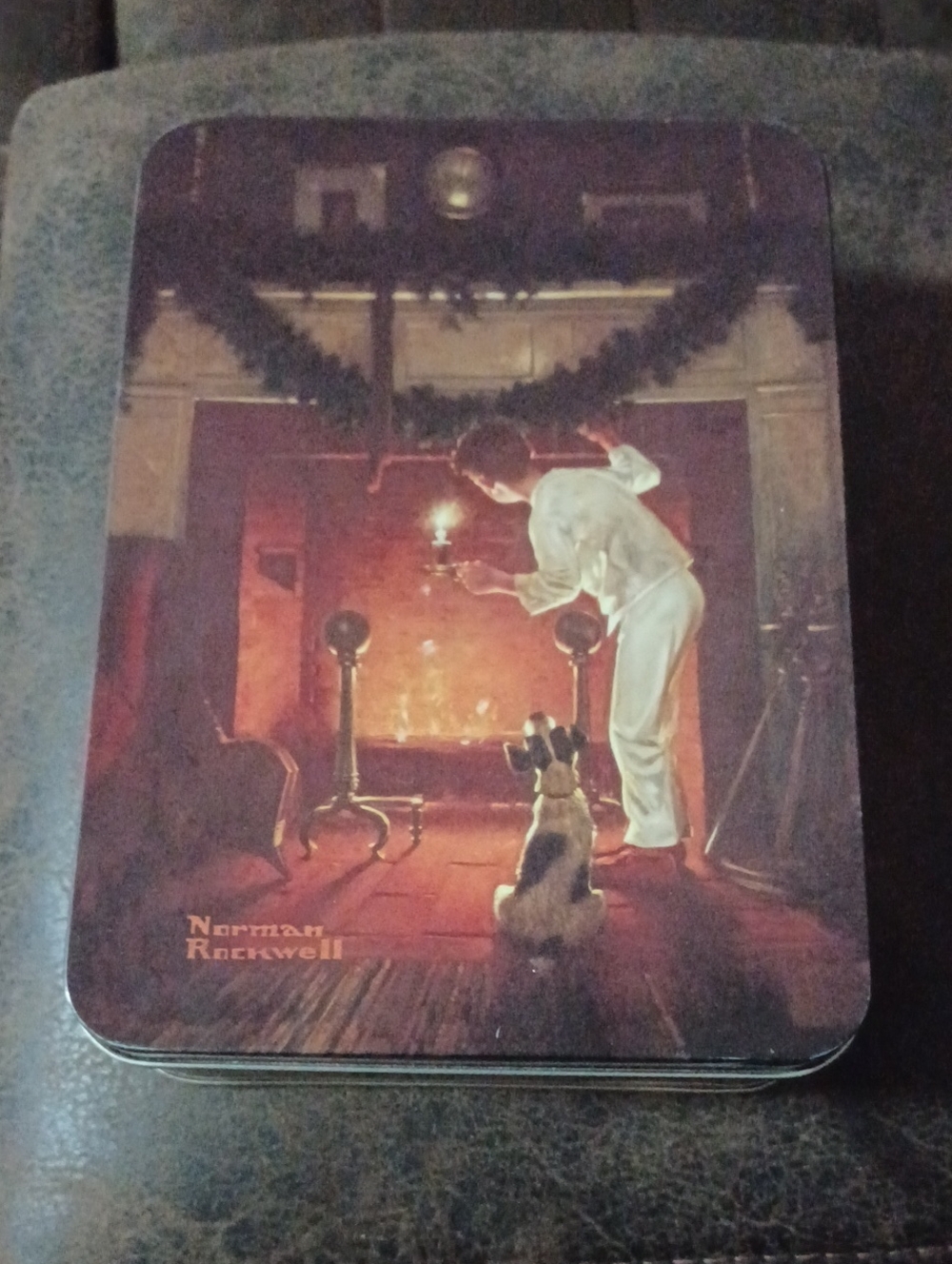 4/$40 Norman Rockwell Fireplace Scene Tin - Empty